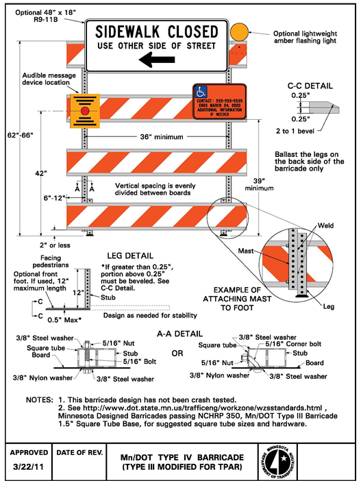 Detailed Minnesota DOT specifications sheet for MnDOT Type IV barricade.