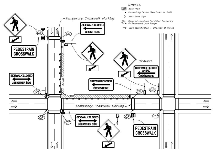 Diagram provided detailed specifications and device locations for a corner sidewalk closure with temporary crosswalks, per Florida DOT's guidelines.