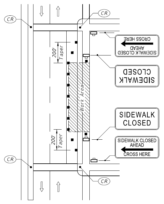Diagram provided detailed specifications and device locations for a sidewalk closure, per Florida DOT's guidelines.