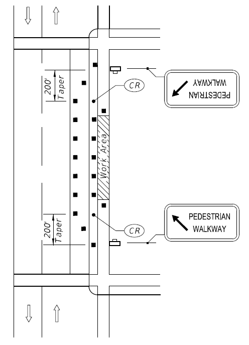 Diagram provided detailed specifications and device locations for a mid-block sidewalk closure with temporary walkways, per Florida DOT's guidelines.