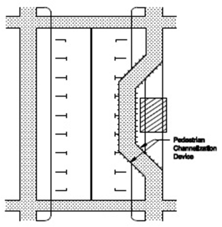 Diagram depicts the design for a sidewalk diversion into the roadway where parallel parking is normally allowed. The locations of pedestrian channelizing devices are outlined.