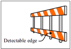 Drawing of a pedestrian channelizing device composed of two parallel orange and white striped boards mounted horizontally to provide guidance and a smooth surface for hand trailing.