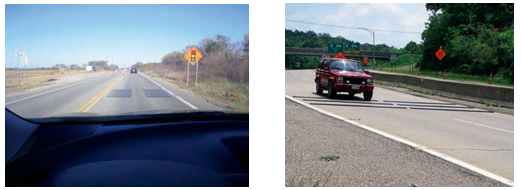 Two photos depicting two types of rumble strip. The photo on the left depicts wheel path rumble strips, and the photo to the right depicts continuous rumble strips.