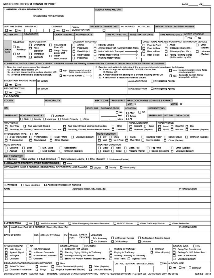 Screenshot of the first page of the Missouri Uniform Crash Report form.
